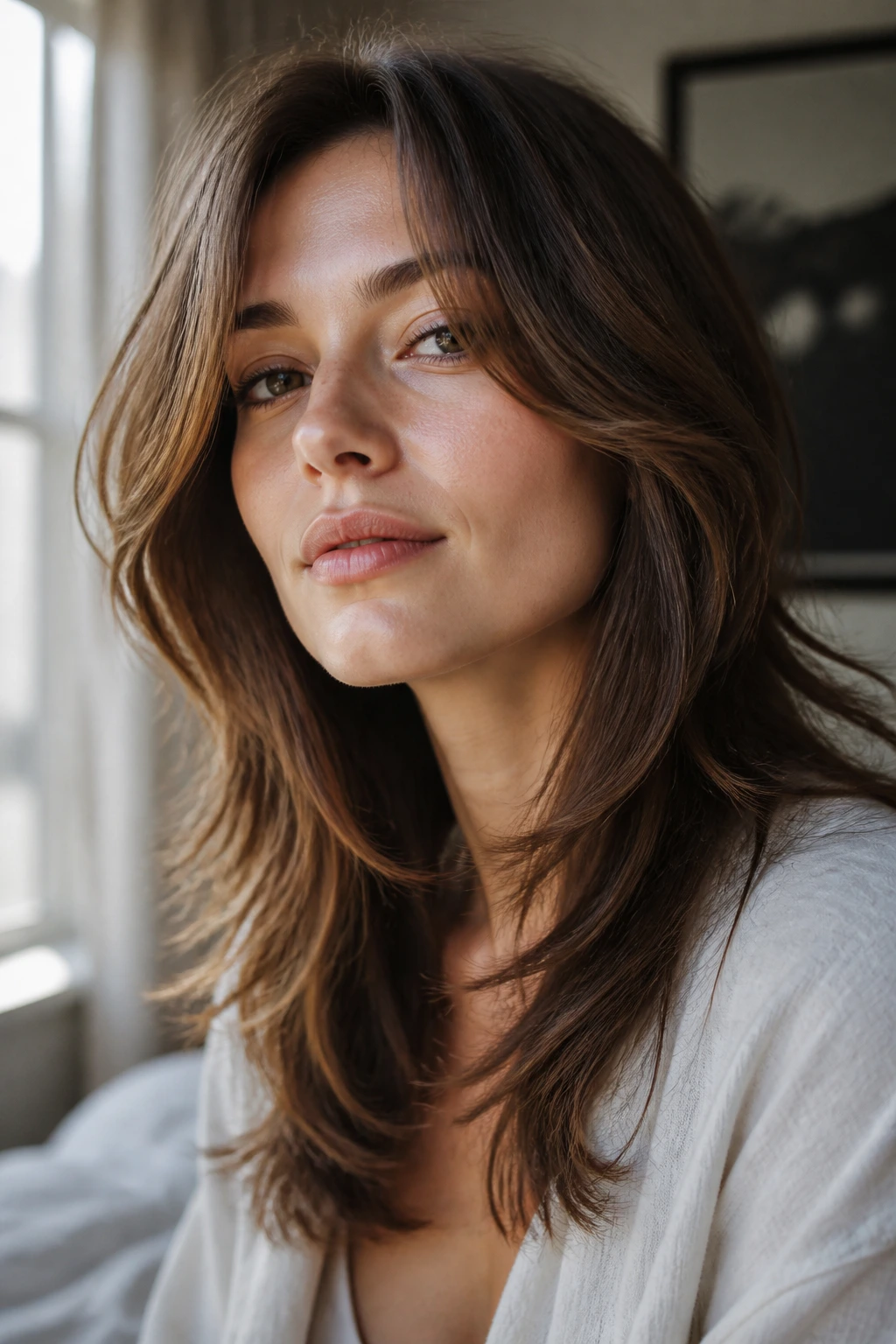 Portrait of long hair framing the jaw with soft, rounded layers
