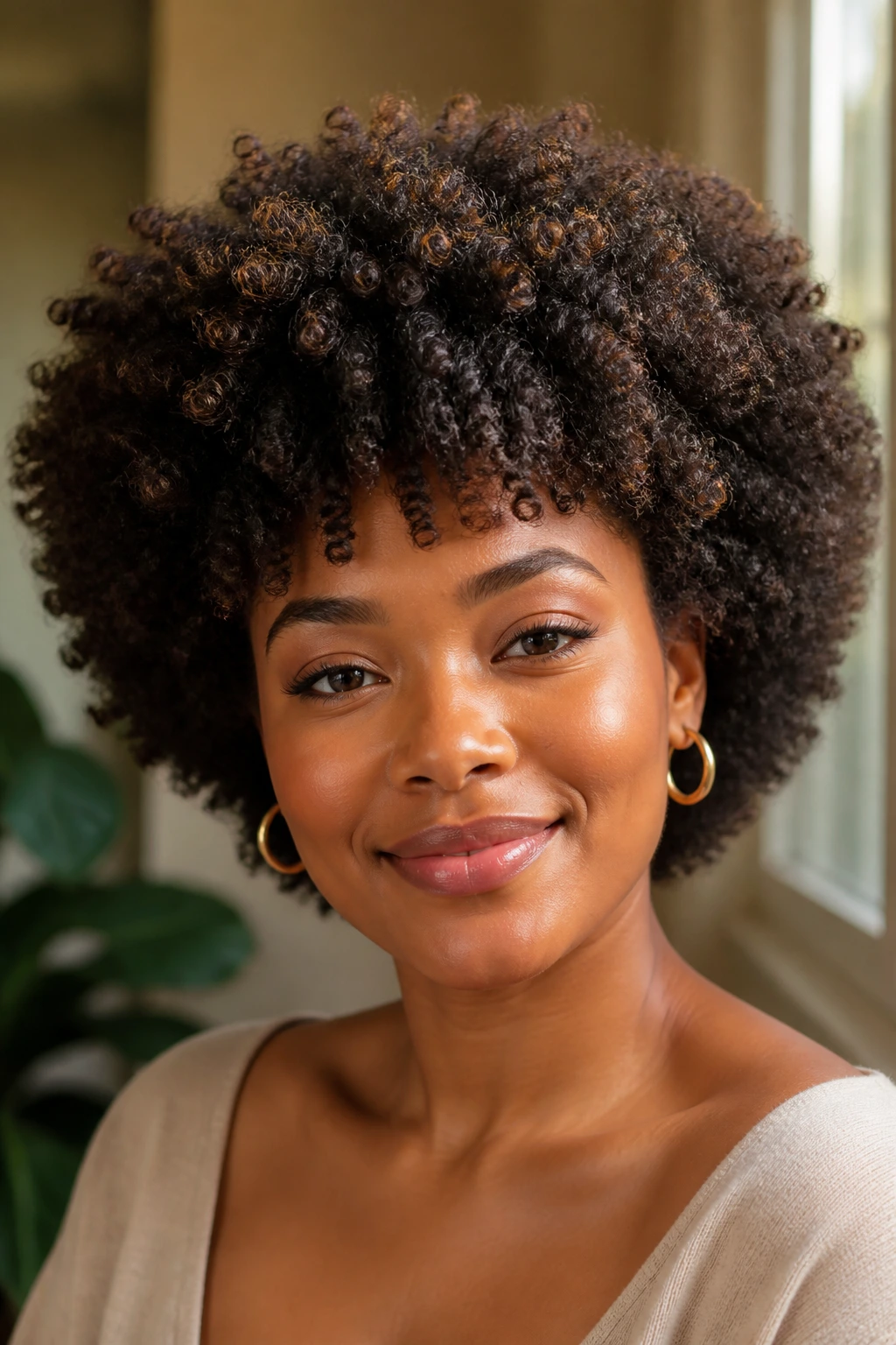 Close-up of a Black woman's rounded fro with defined texture and soft layered silhouette