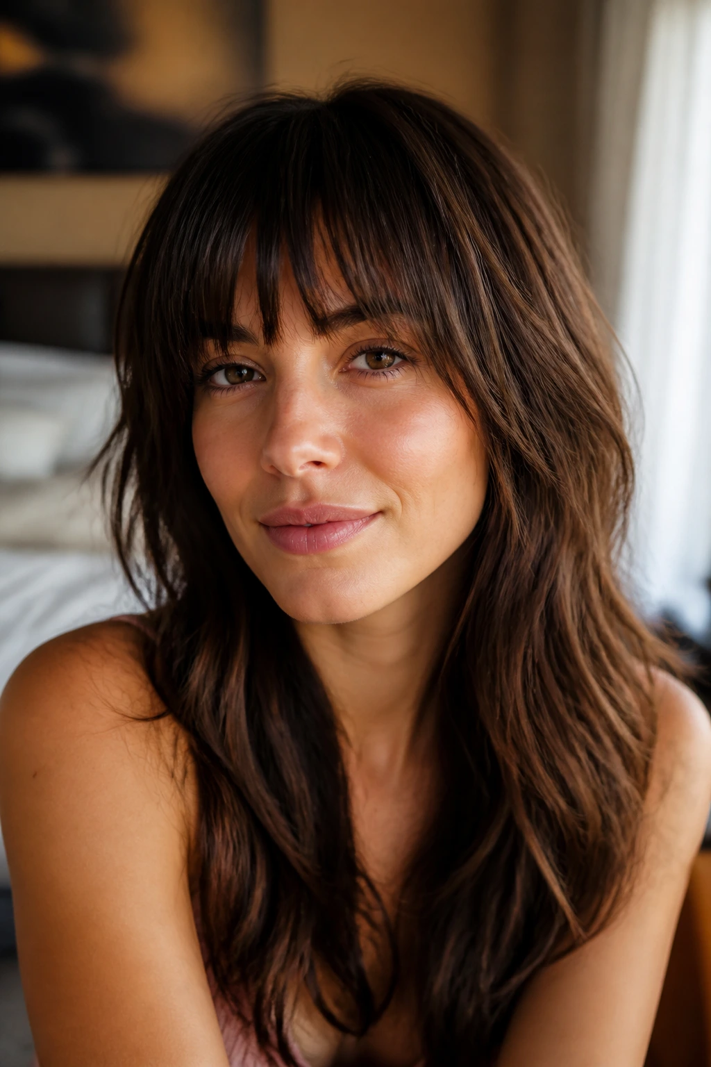 Close-up of a real woman with soft-shattered bangs resting near the brows, warm window light.