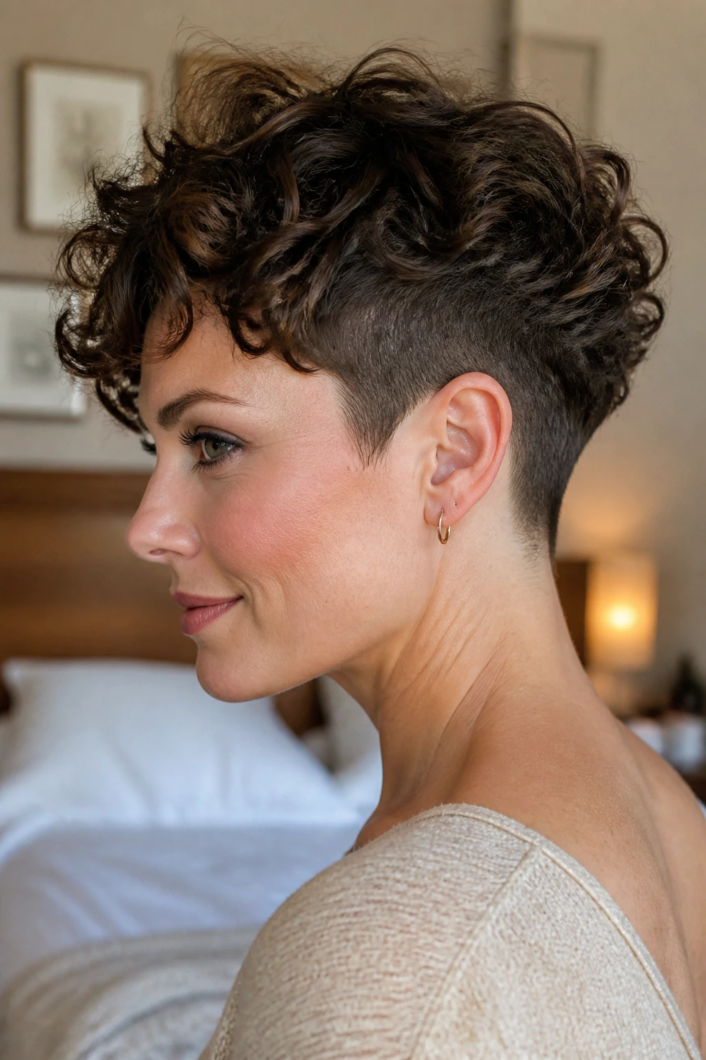 Close-up of a real woman with a soft-shave pixie and curved nape.
