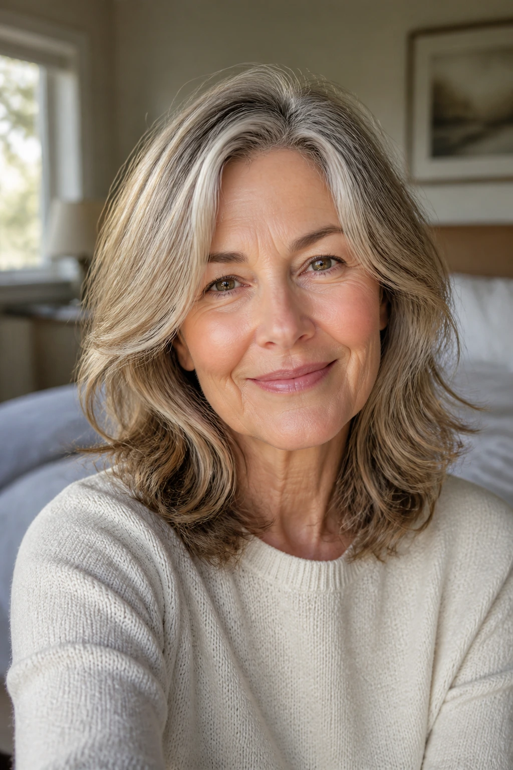 Close-up of a woman with shoulder-length soft layered waves