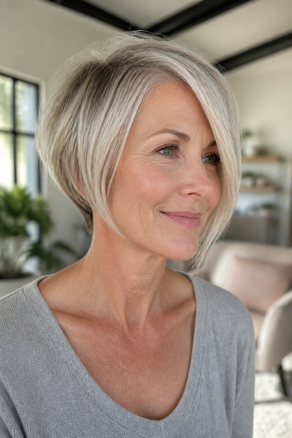 Portrait of a woman with a soft side-angle inverted bob.
