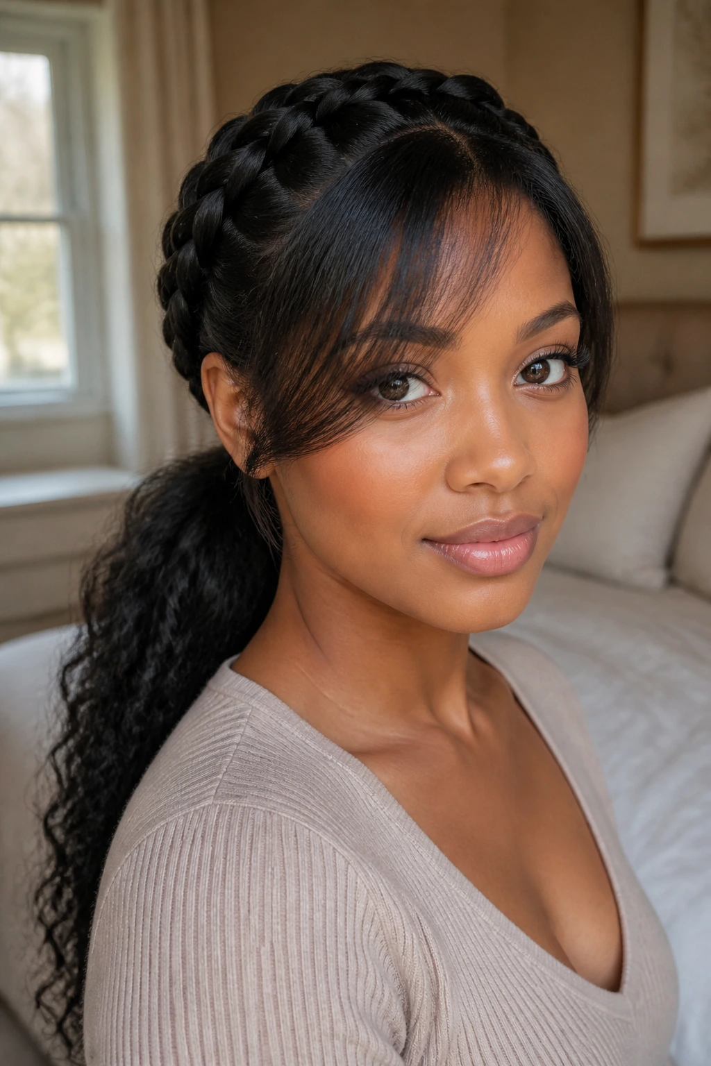 Front view of a real woman with soft side bangs and a low ponytail featuring Dutch braids.