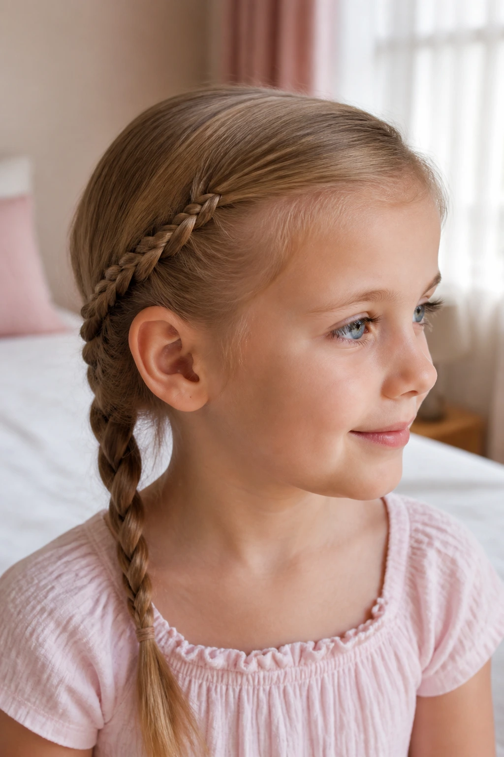 Girl with soft side braid behind the ear in a cozy room