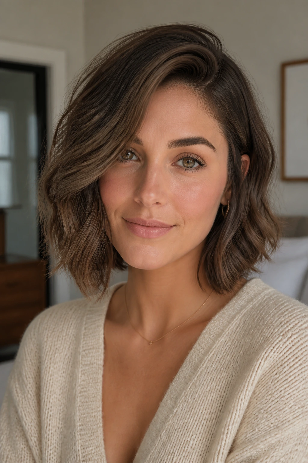 Portrait of a real woman with a soft side-part bob and gentle waves