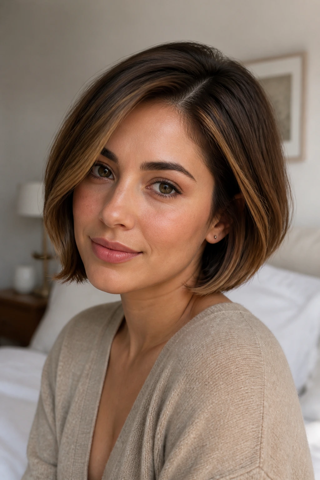 Close-up of a real person with a soft side-part bob and caramel ribbons along the part and jaw.