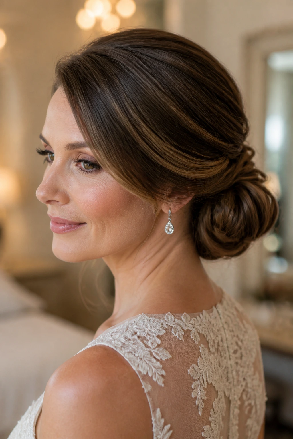 Close-up of a real woman with a soft side-part and low chignon in a bridal suite.
