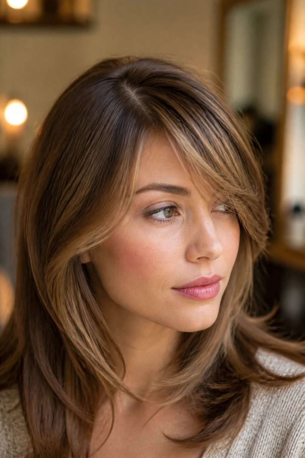 Close-up of a real woman with a soft side part and feathery fringe.