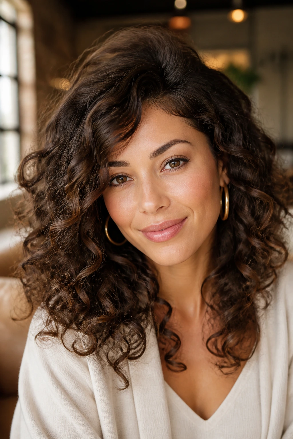 Portrait of a real woman with soft side-part layers, highlighting the first-choice fall hairstyle.