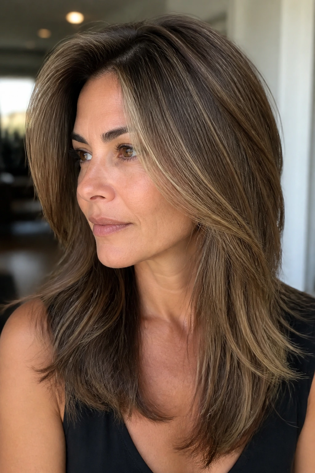Portrait of a real woman with a soft side-part lift adding root height
