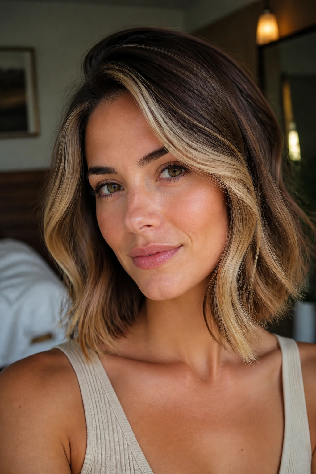 Woman with soft side-part lob and beige money pieces.