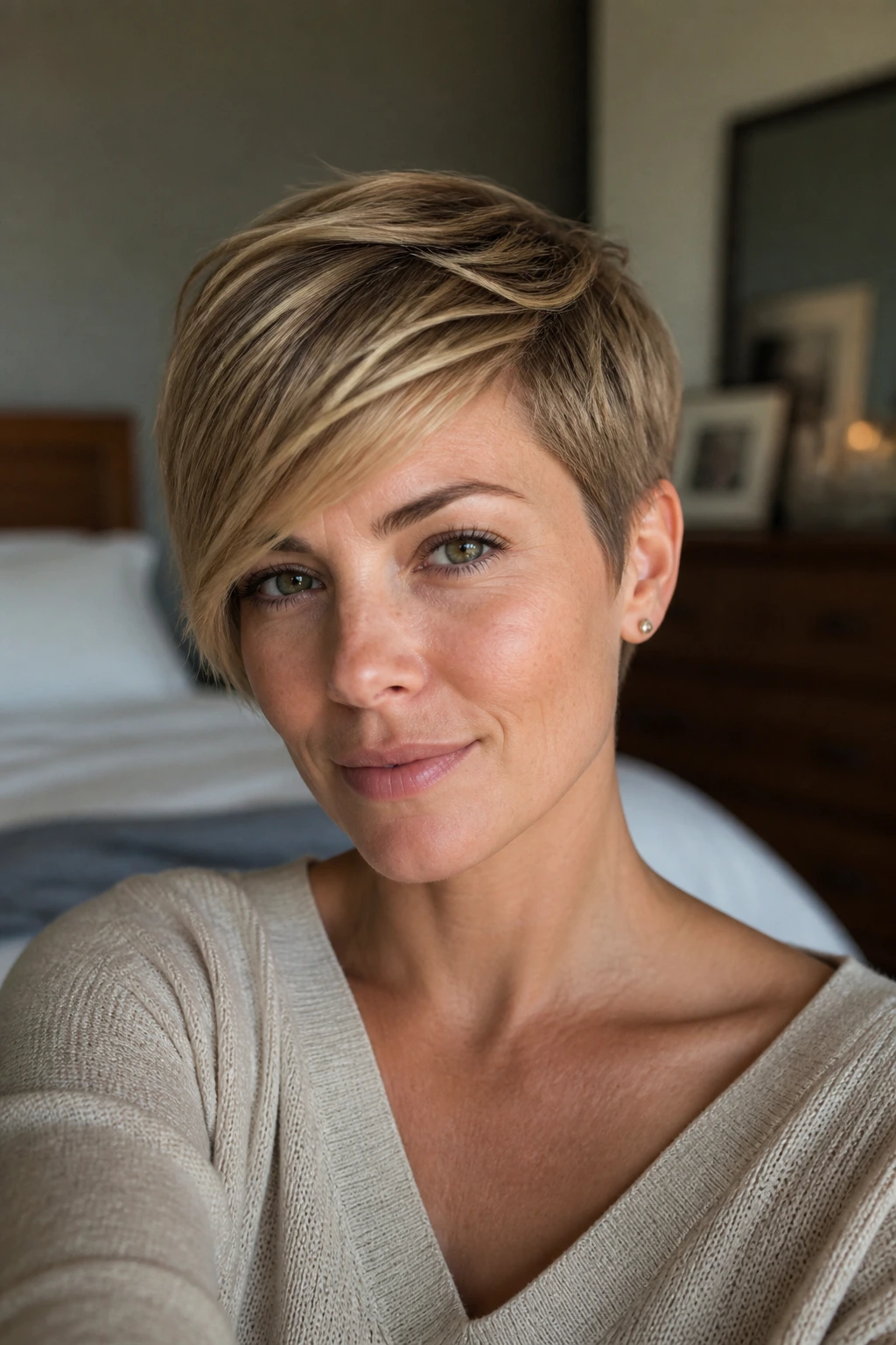 Close-up portrait of a woman with a soft side-part pixie