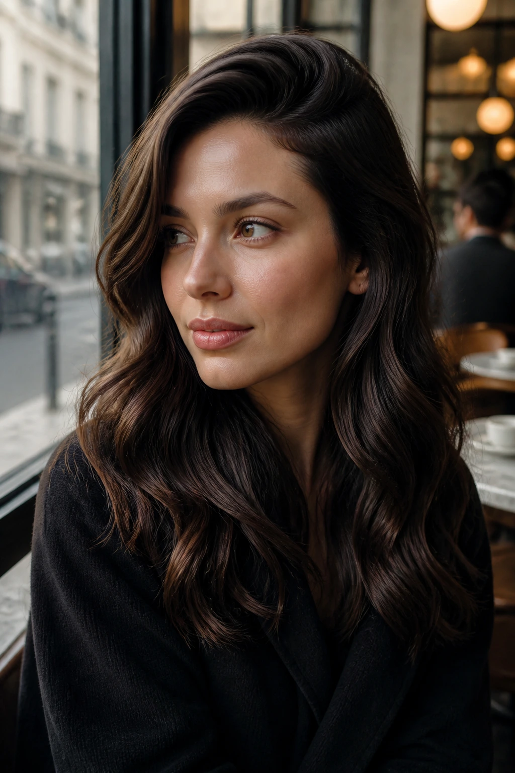 Brunette woman with soft side-parted waves portrait