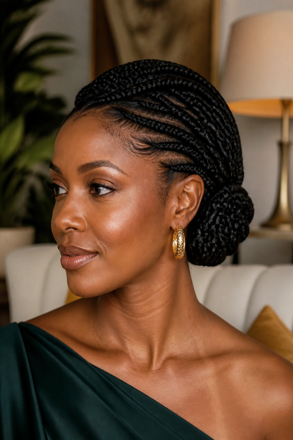 Portrait of a real person with a soft side roll created from rolled-under braids