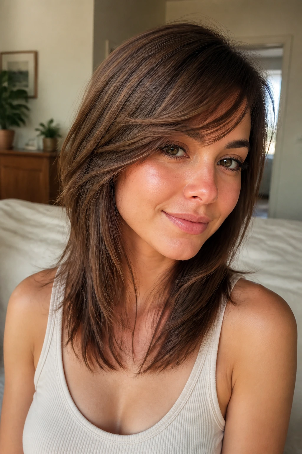 Close-up of a real woman with soft side-sweep bangs and a long tail