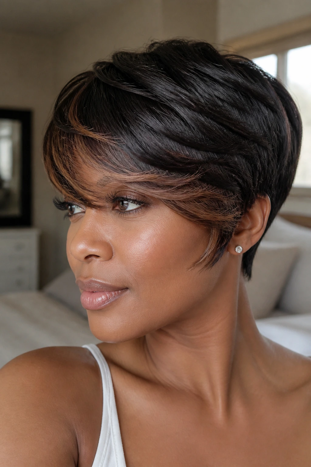 Close-up of a real woman with a soft side-swept feather bang and chestnut lowlights