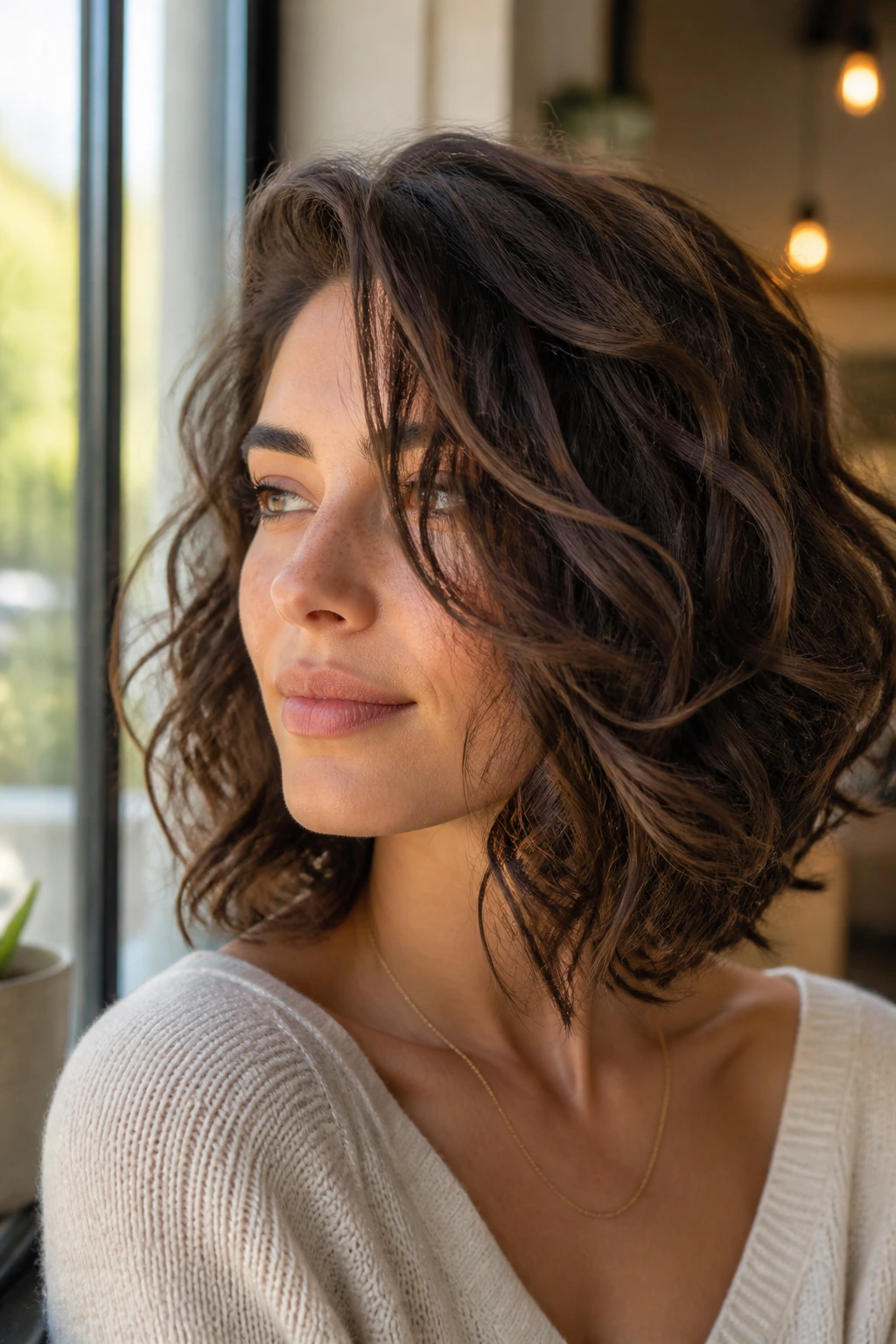 Close-up of a real person with a soft side-swept curly bob-lob haircut