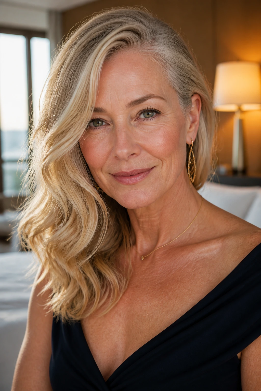 Close-up of a 50s woman with deep side part and side-swept waves