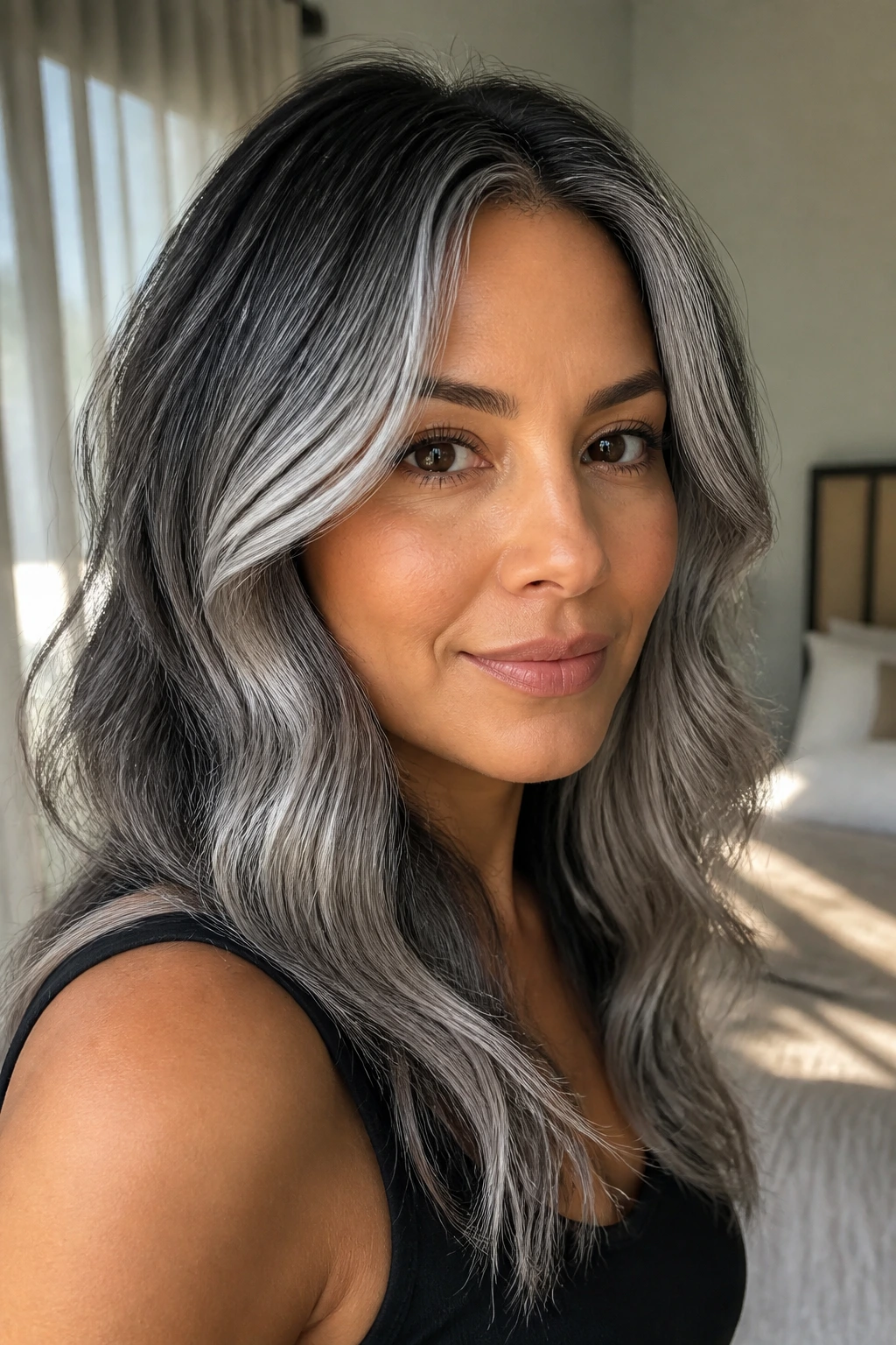 Close-up of a real person with subtle silver babylights in hair.