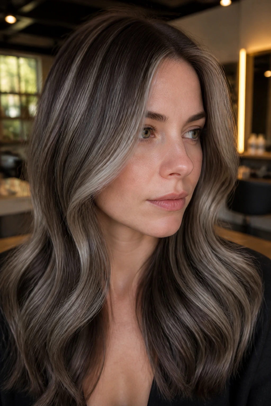 Close-up of a real woman's head with mushroom brown base and subtle silver babylights around the temples.