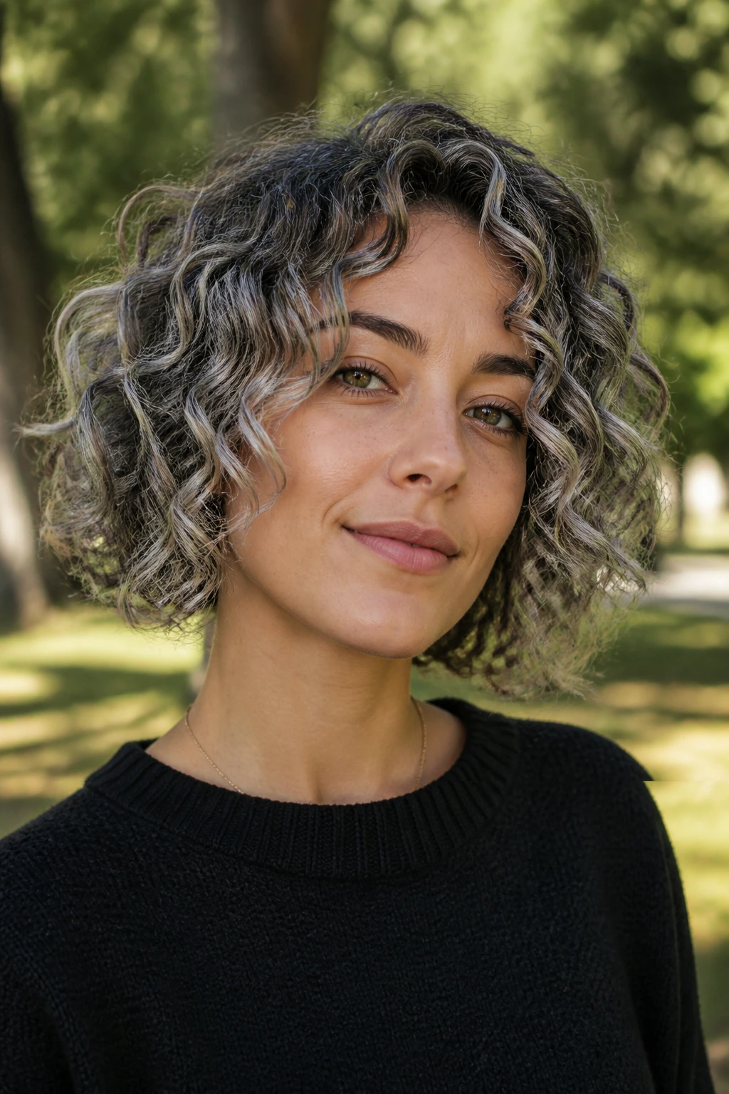 Close-up of a real woman with soft silver balayage on curly hair in a park setting