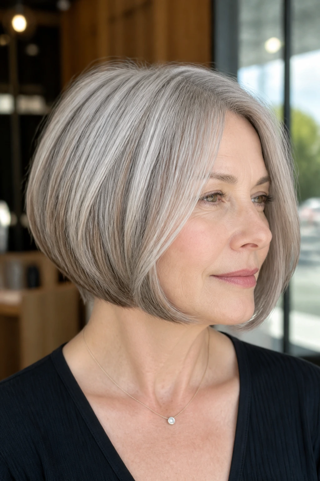 Chin-length silver bob with mushroom lowlights on a real person.