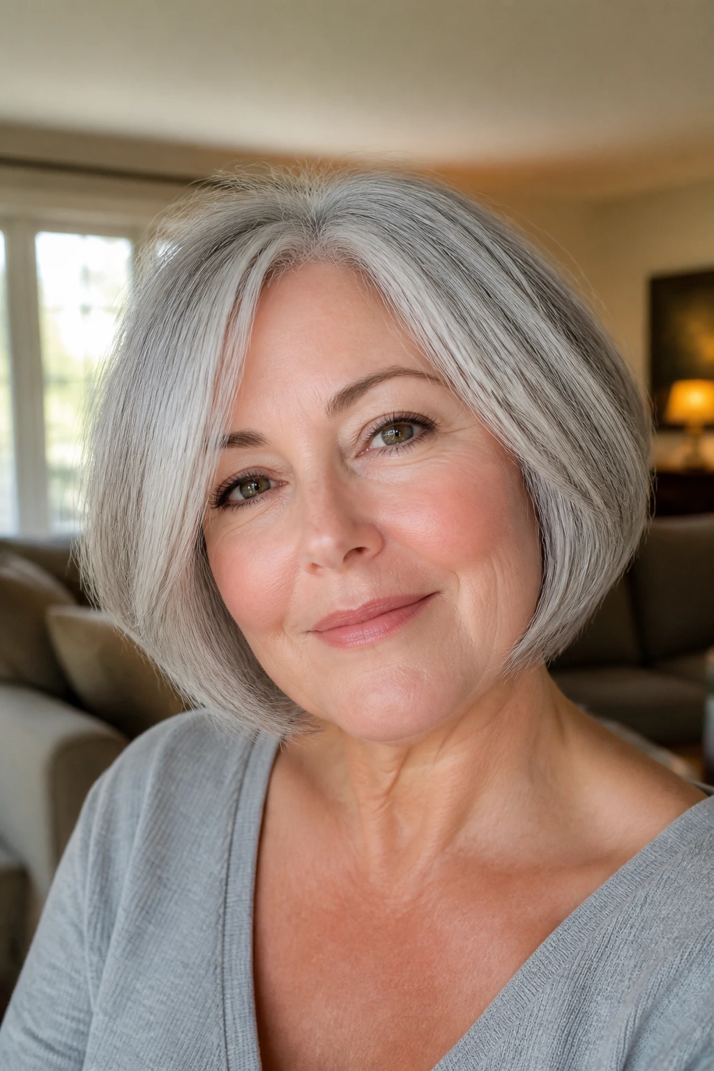 Close-up of a real person with a soft silver cloud grey bob showing rounded silhouette and gentle bend