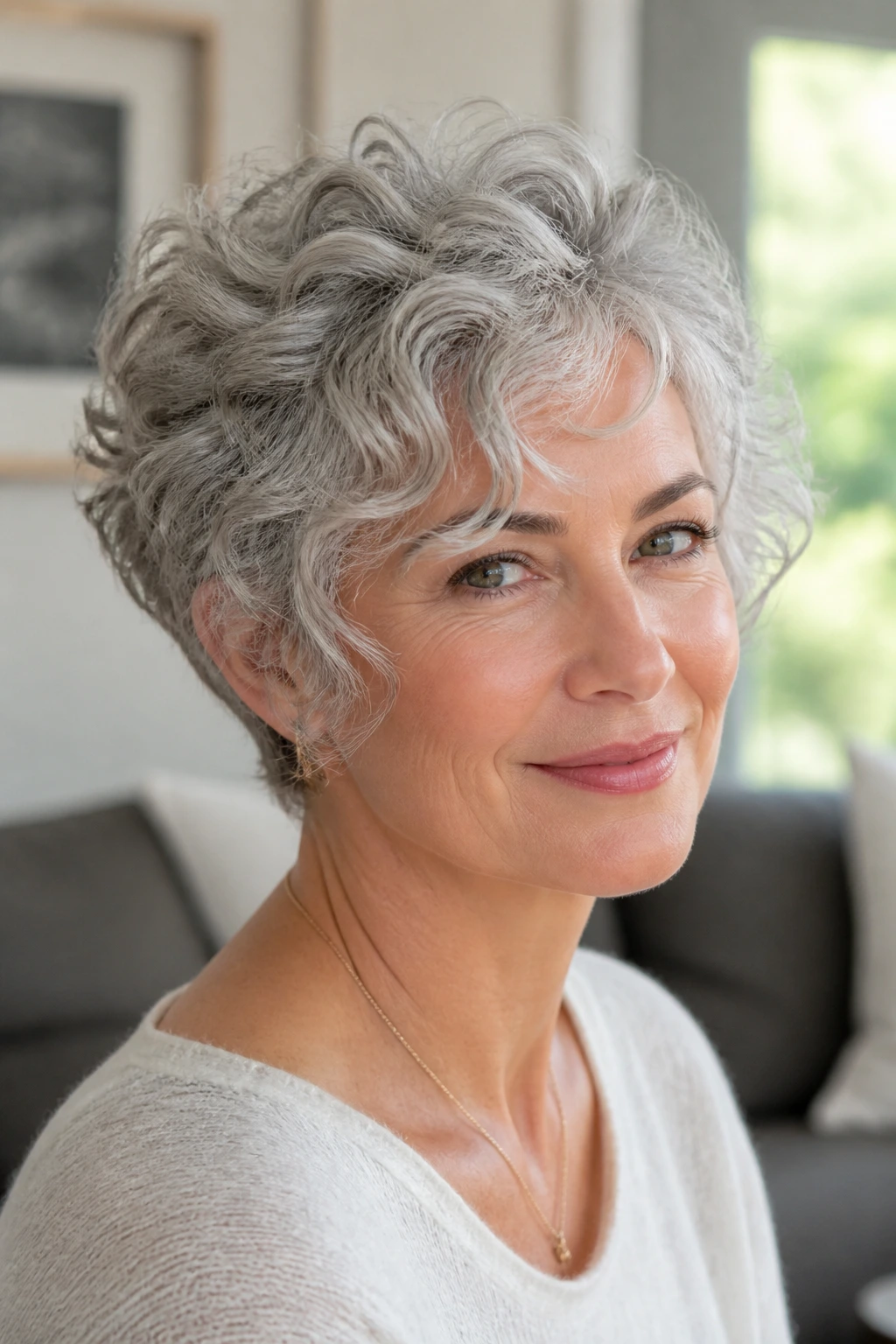 Portrait of a woman with a soft silver halo pixie in a softly lit living room.