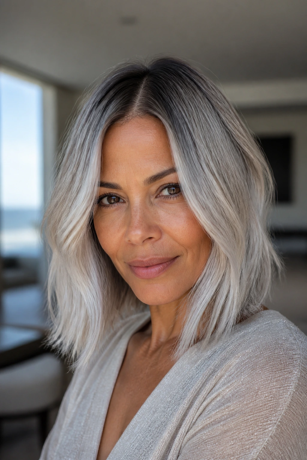 Close-up portrait of a woman with collarbone-length silver lob and smoked root.