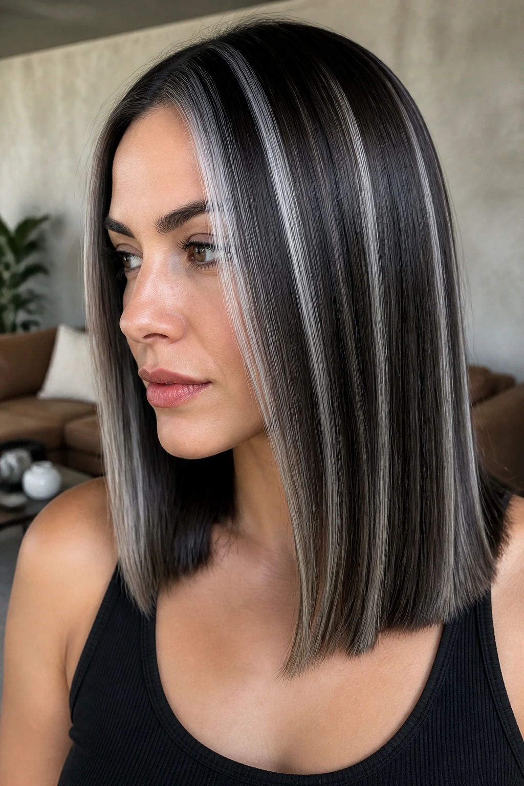 Close-up portrait of soft silver slices on dark brown hair.