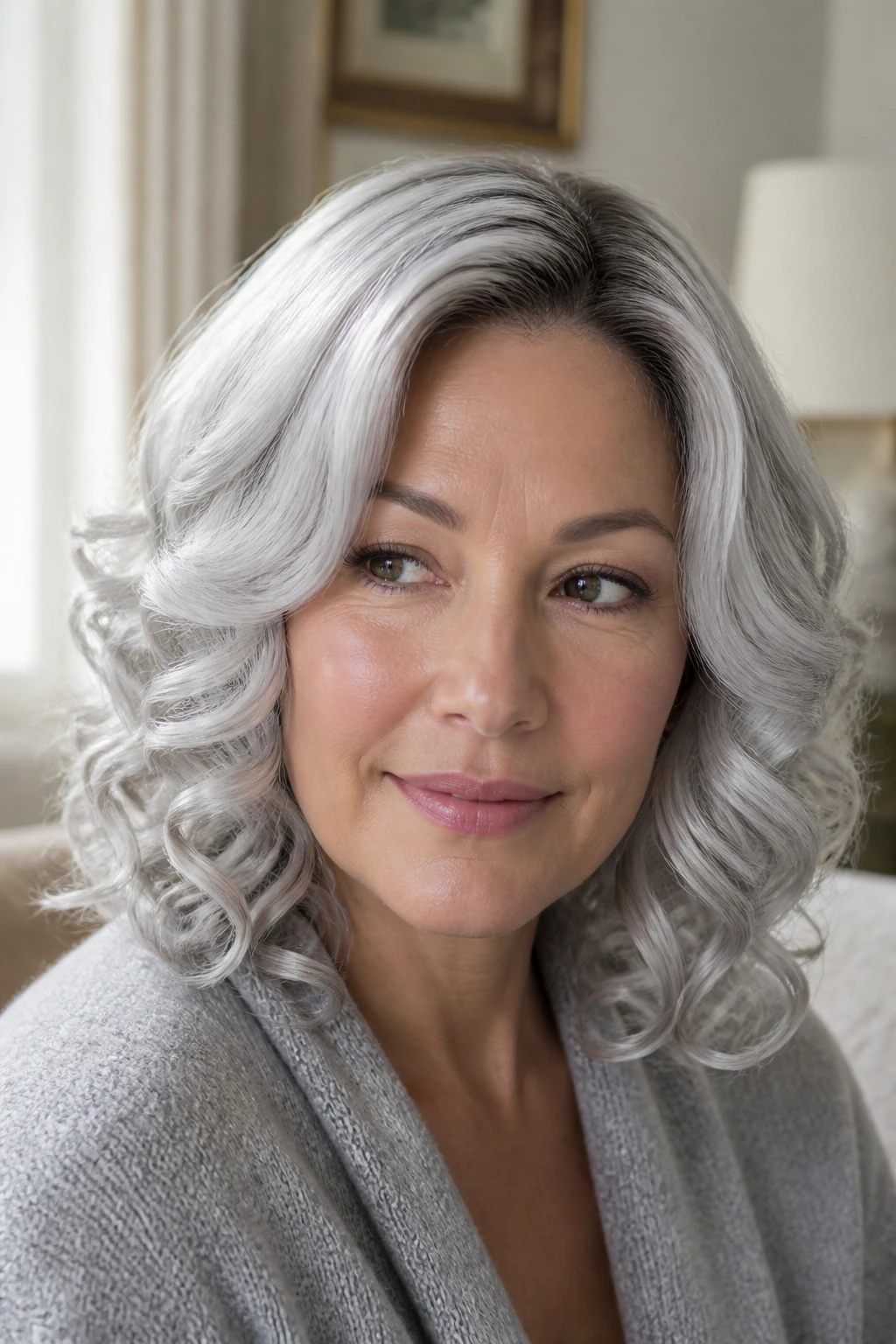 Close-up of a real woman wearing soft silver spiral curls wig.