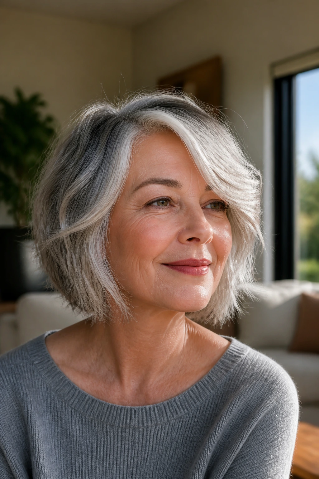 Portrait showing Soft Silver Sweep variation on shaggy bob