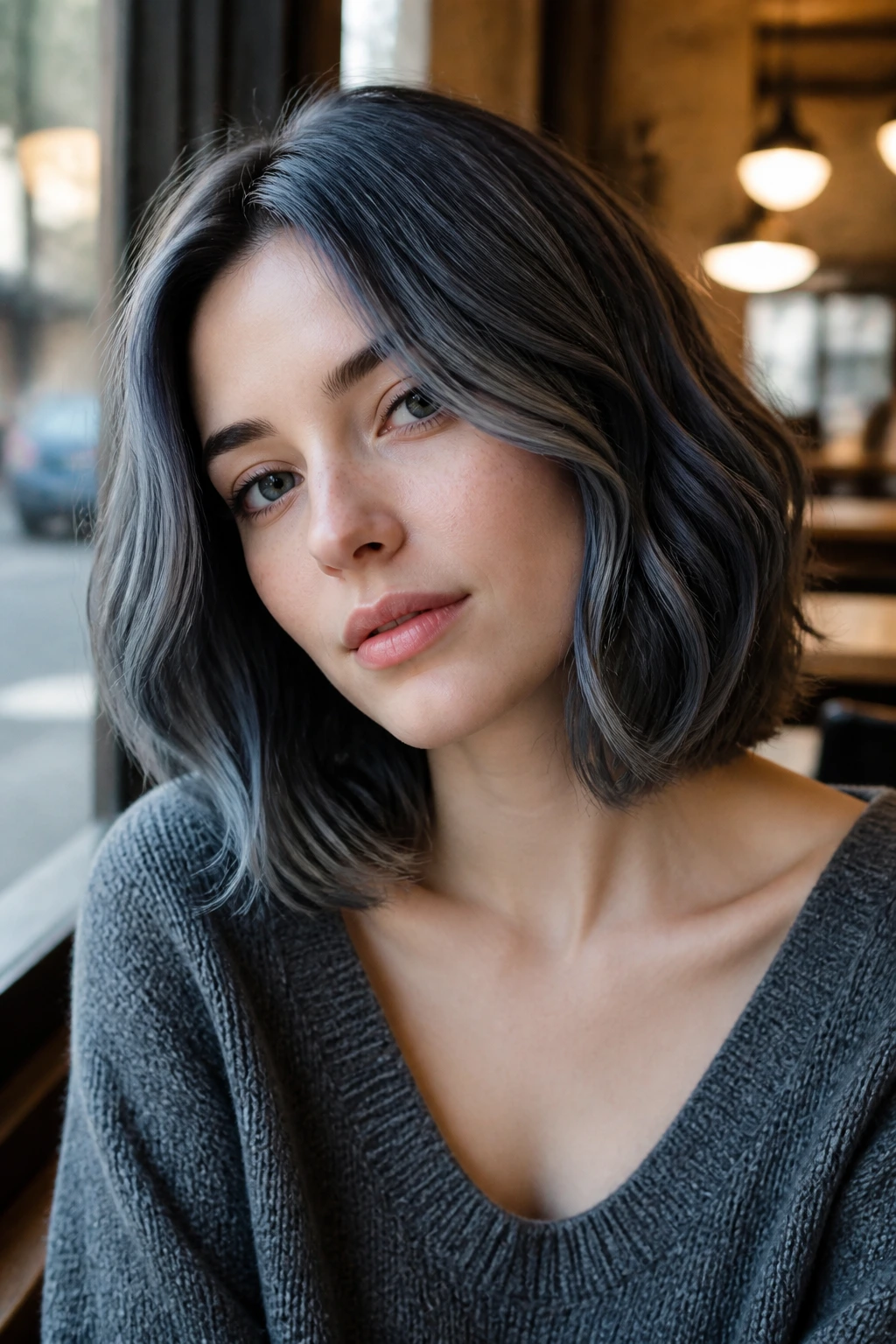 Real person with collarbone cut and soft slate highlights