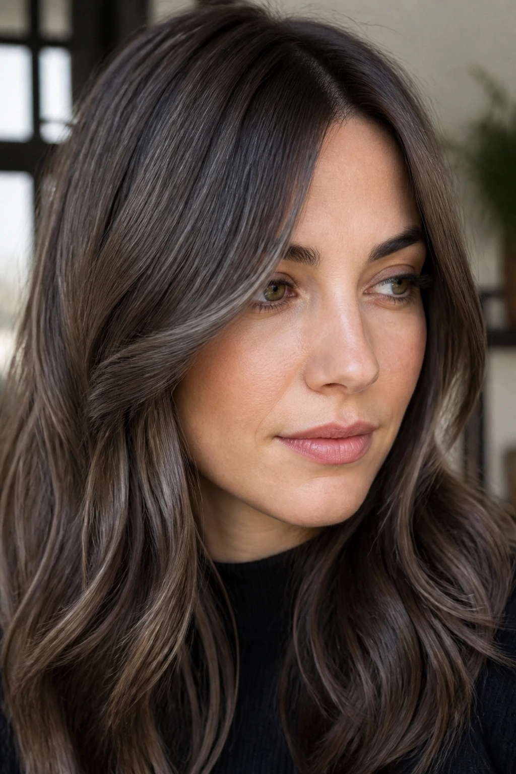 Close-up of neutral brunette with soft slate lowlights