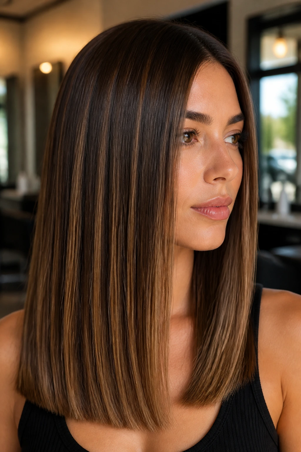 Close-up of brunette with long blunt-cut hair showing vertical caramel slices