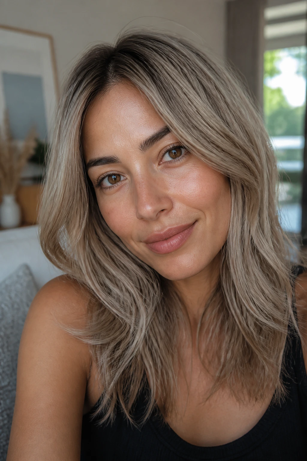 Portrait of a real person with soft smoke blonde in diffused daylight