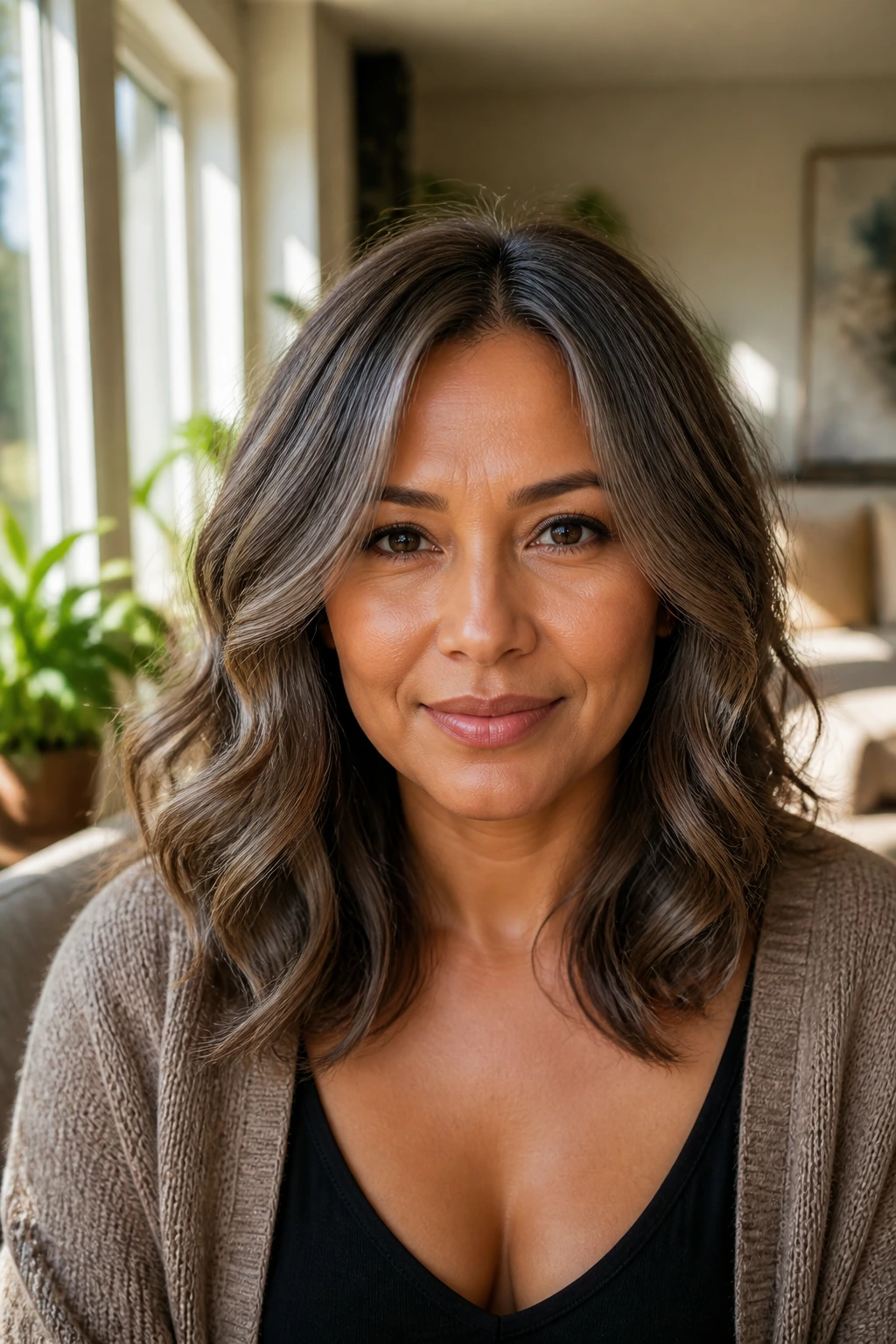 Portrait of a person with mushroom-grey hair and warm tan skin showing soft smoke variation