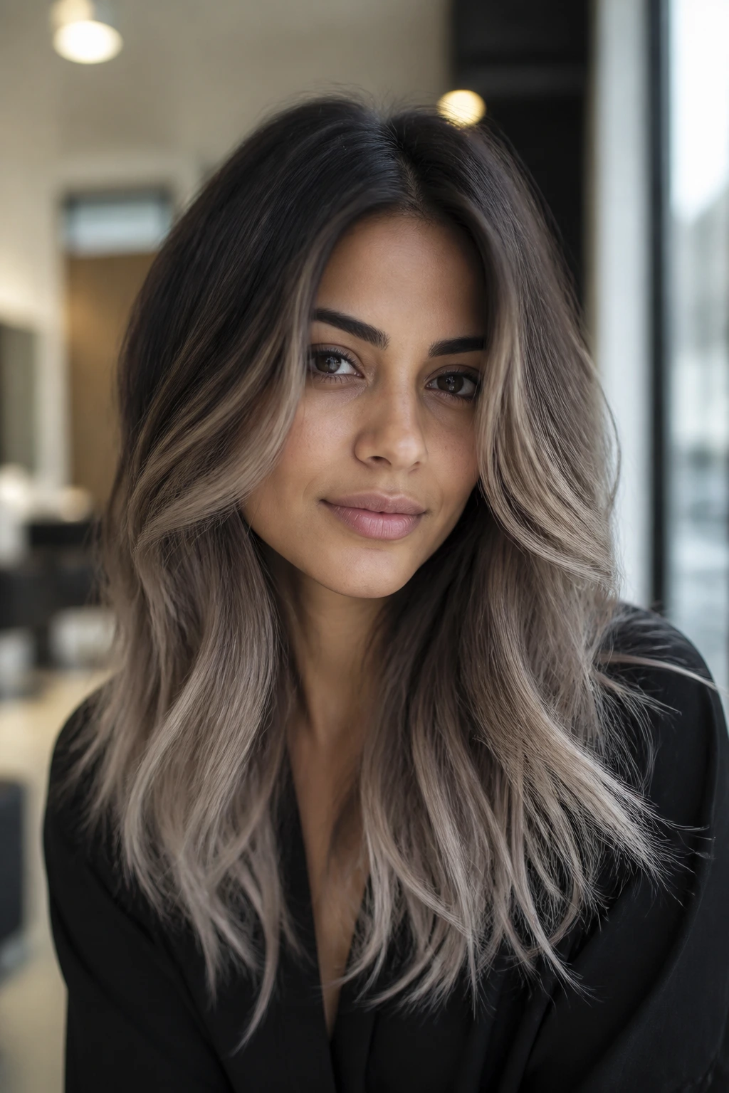 Real person with soft smoke ombre hair and layered waves