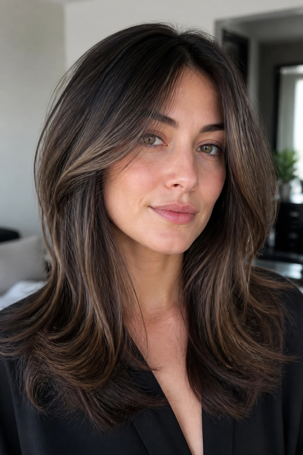 Close-up of a real woman with a soft smoky sweep for fine hair