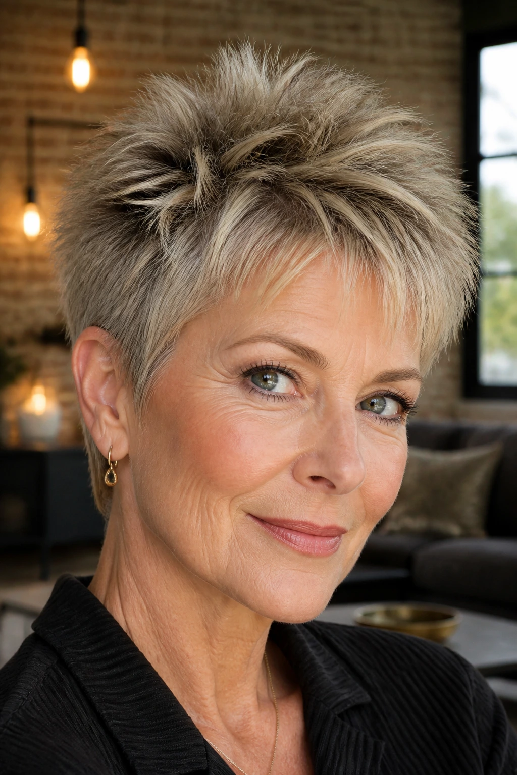 Close-up portrait of woman with soft spiked pixie and bright end highlights