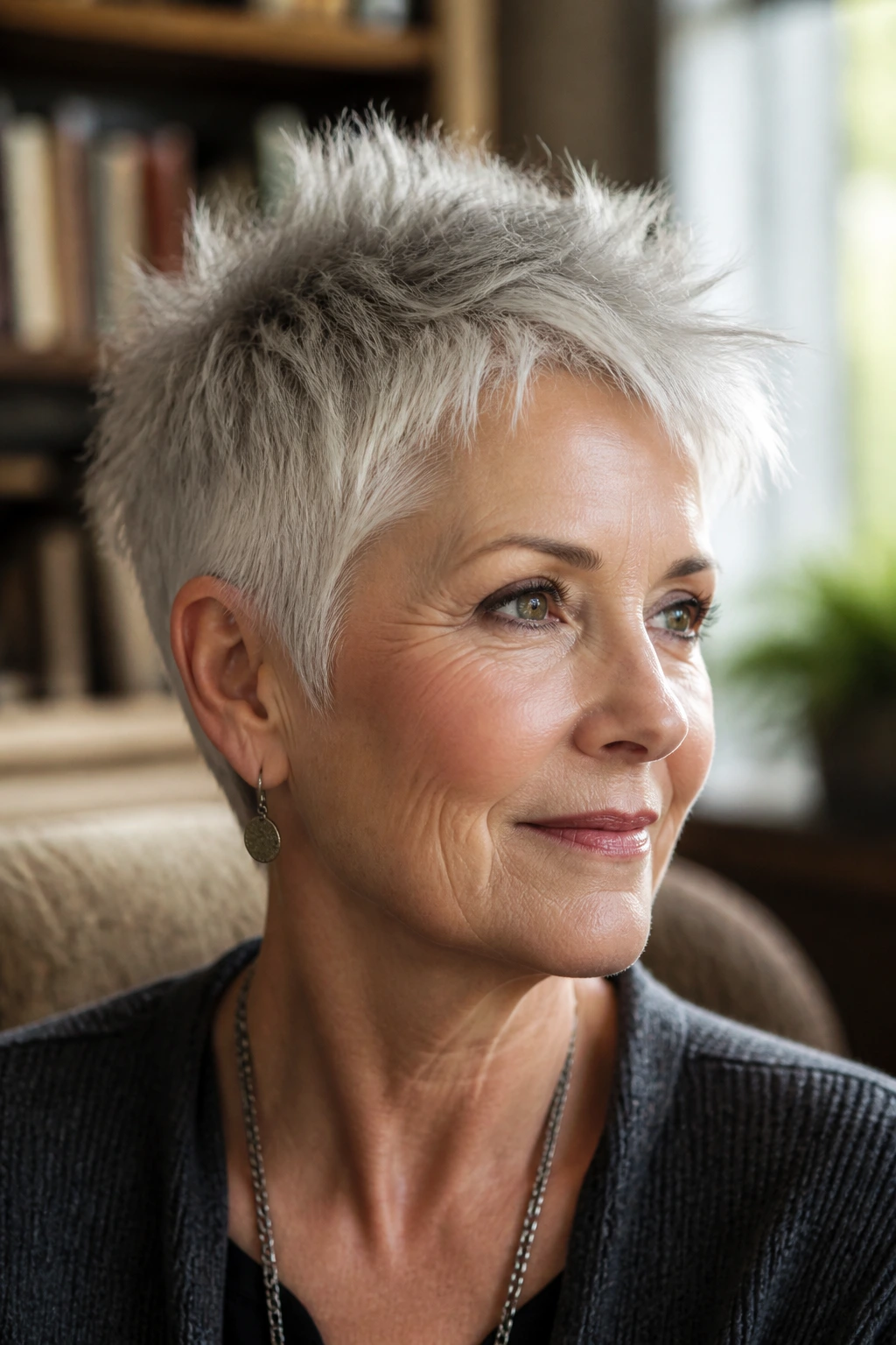 Silver-haired woman with soft spiked pixie hairstyle