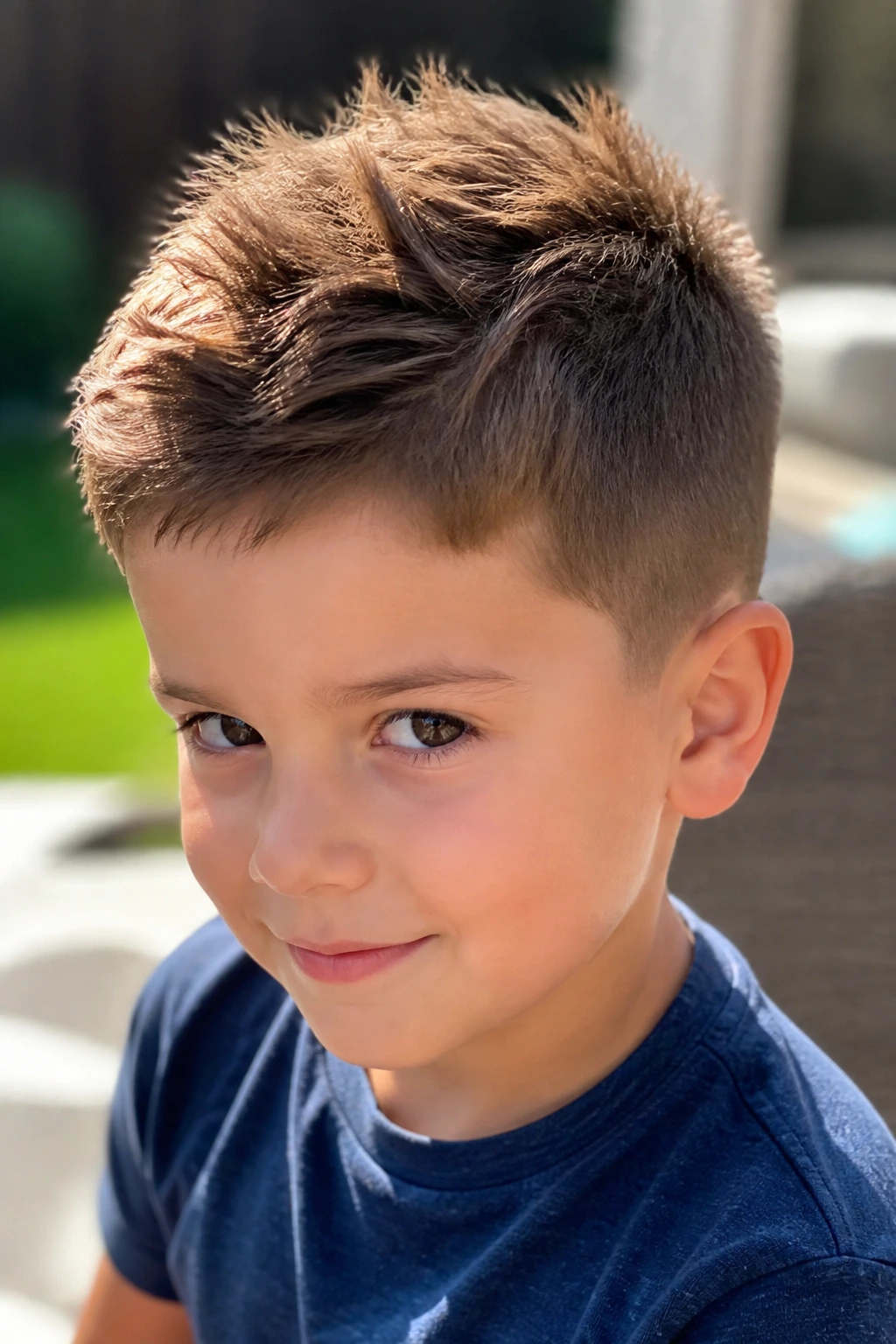 Close-up of a real boy with a soft spiky crop hairstyle.