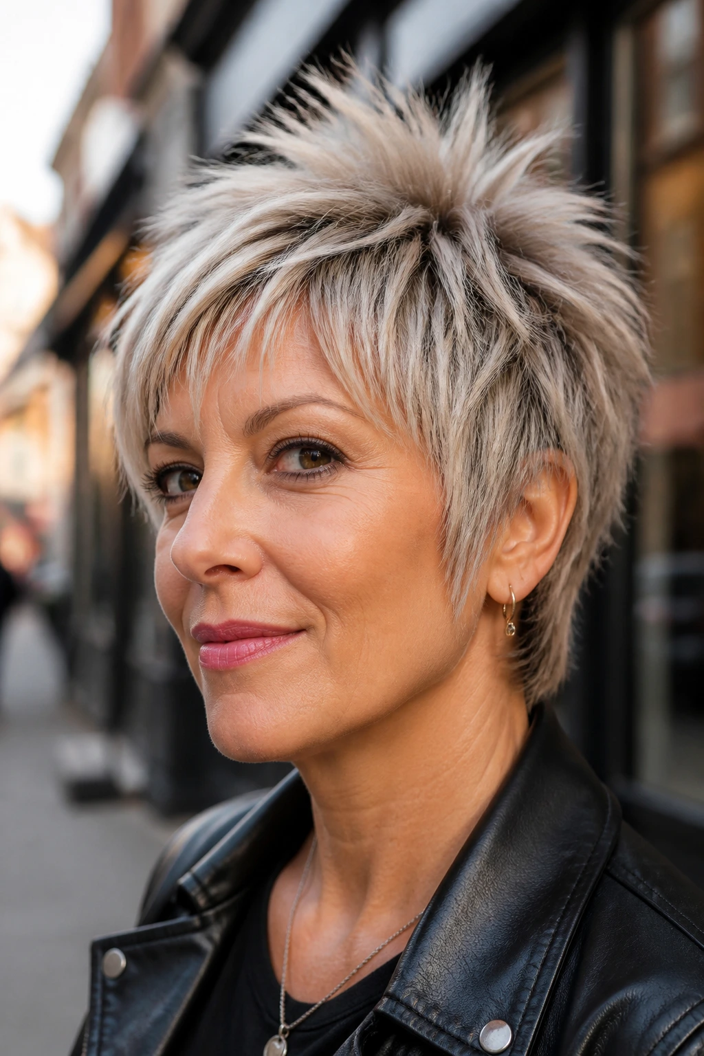 Portrait of a real woman with a soft spiky cropped shag hairstyle