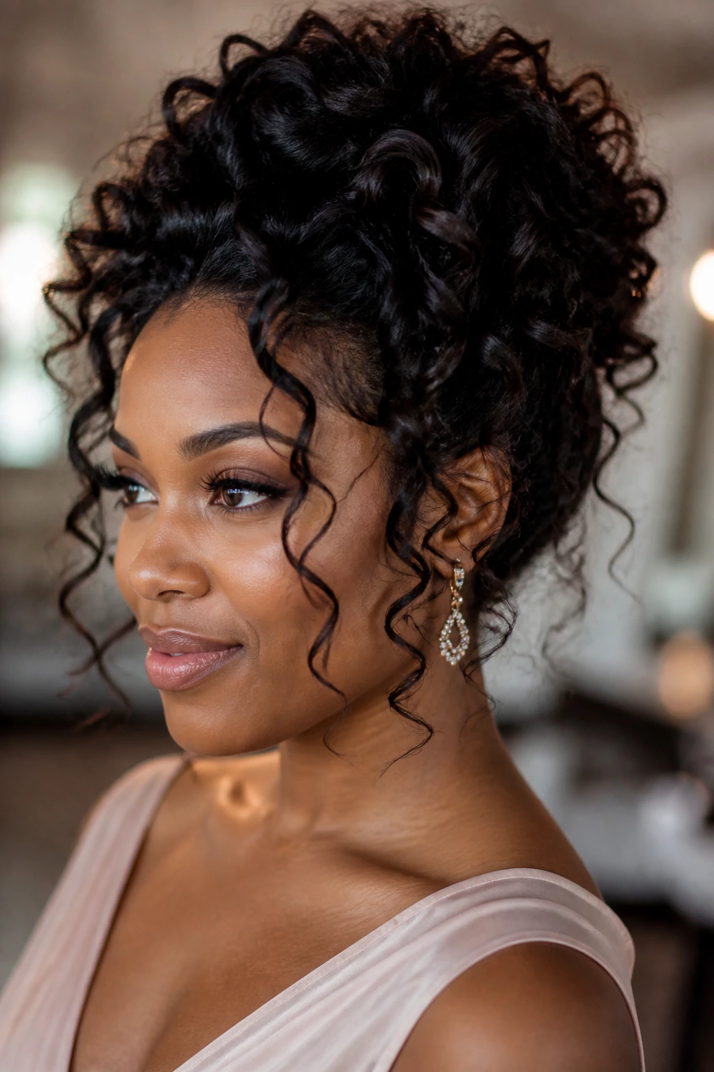 Close-up of a real woman with a soft spiral updo and face tendrils