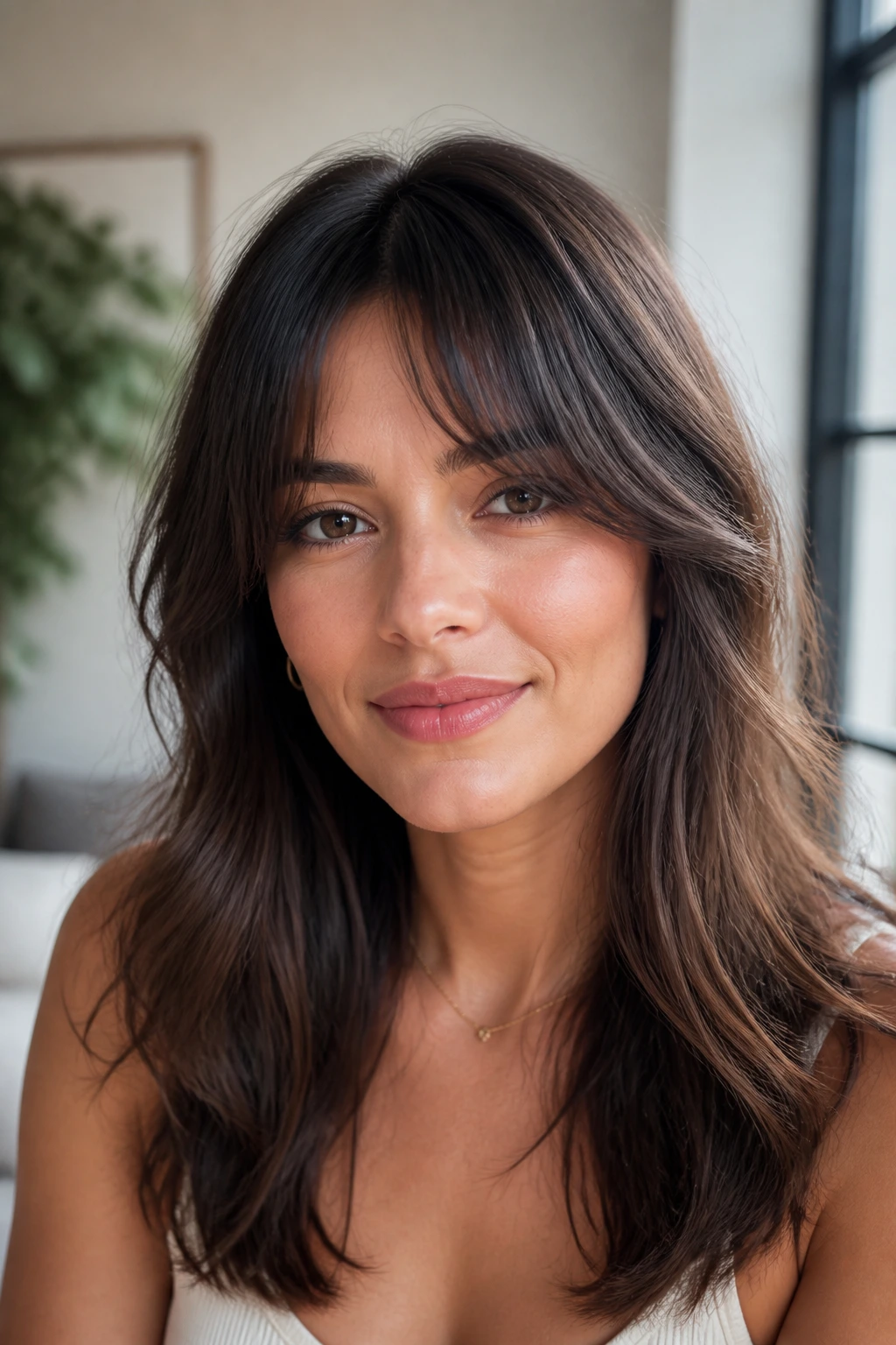Close-up of a real woman with a soft split bang fringe and natural daylight