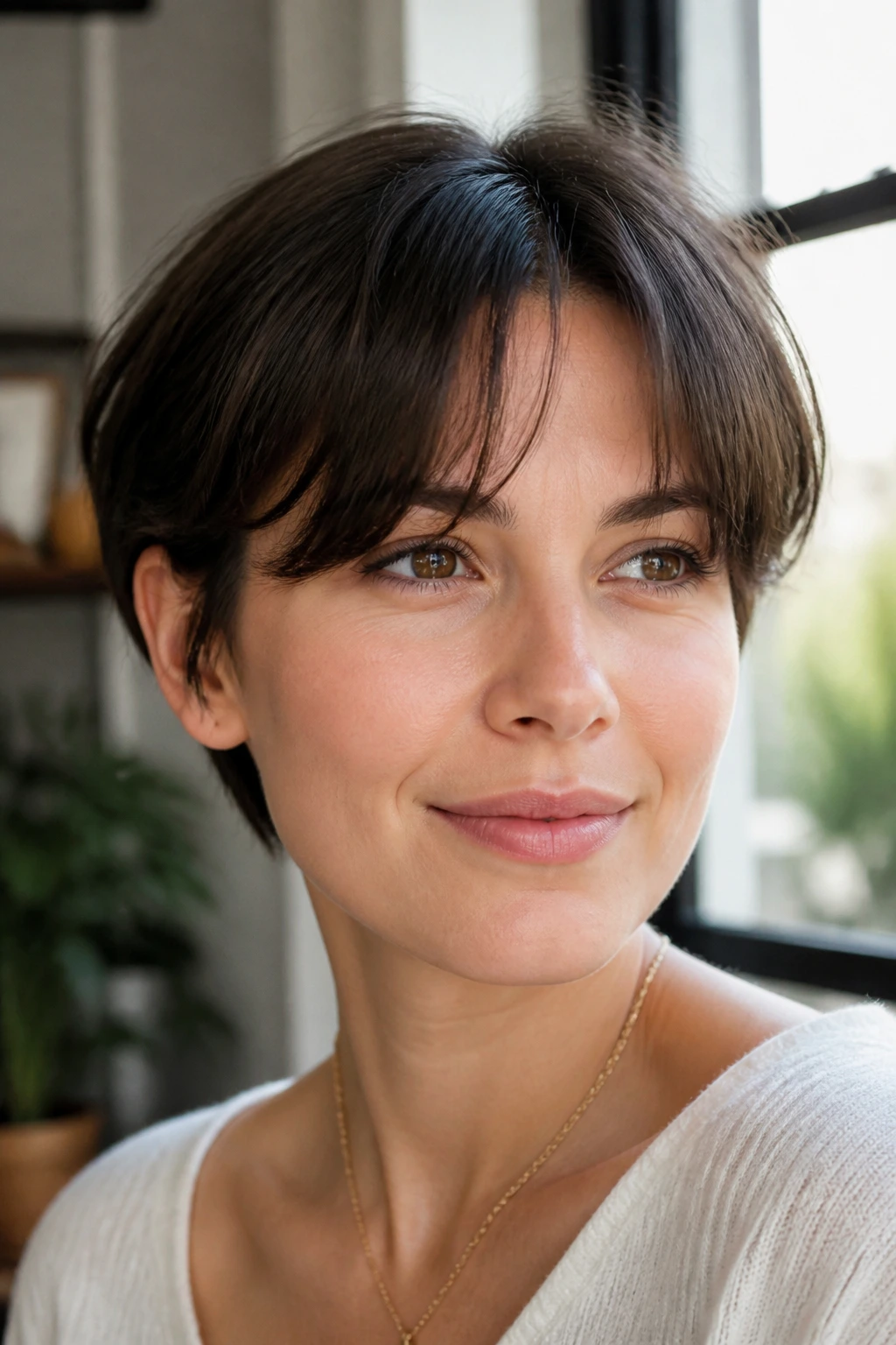Portrait of a real woman with soft split bangs on a rounded crop