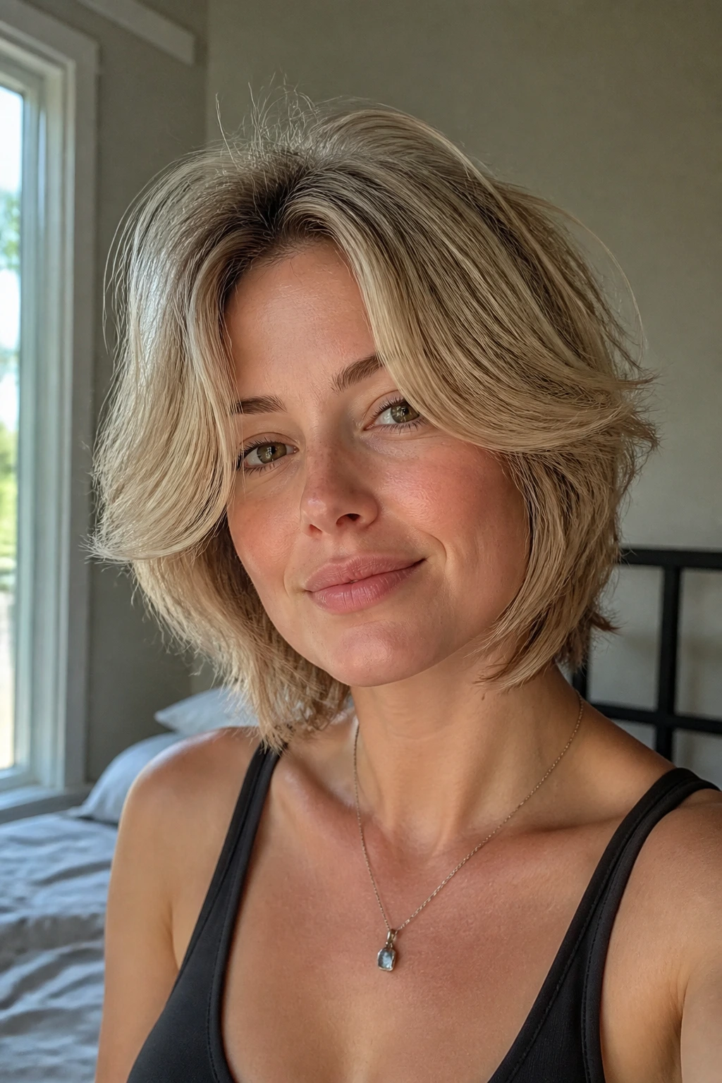 Portrait of a real person with a soft split fringe and crown lift