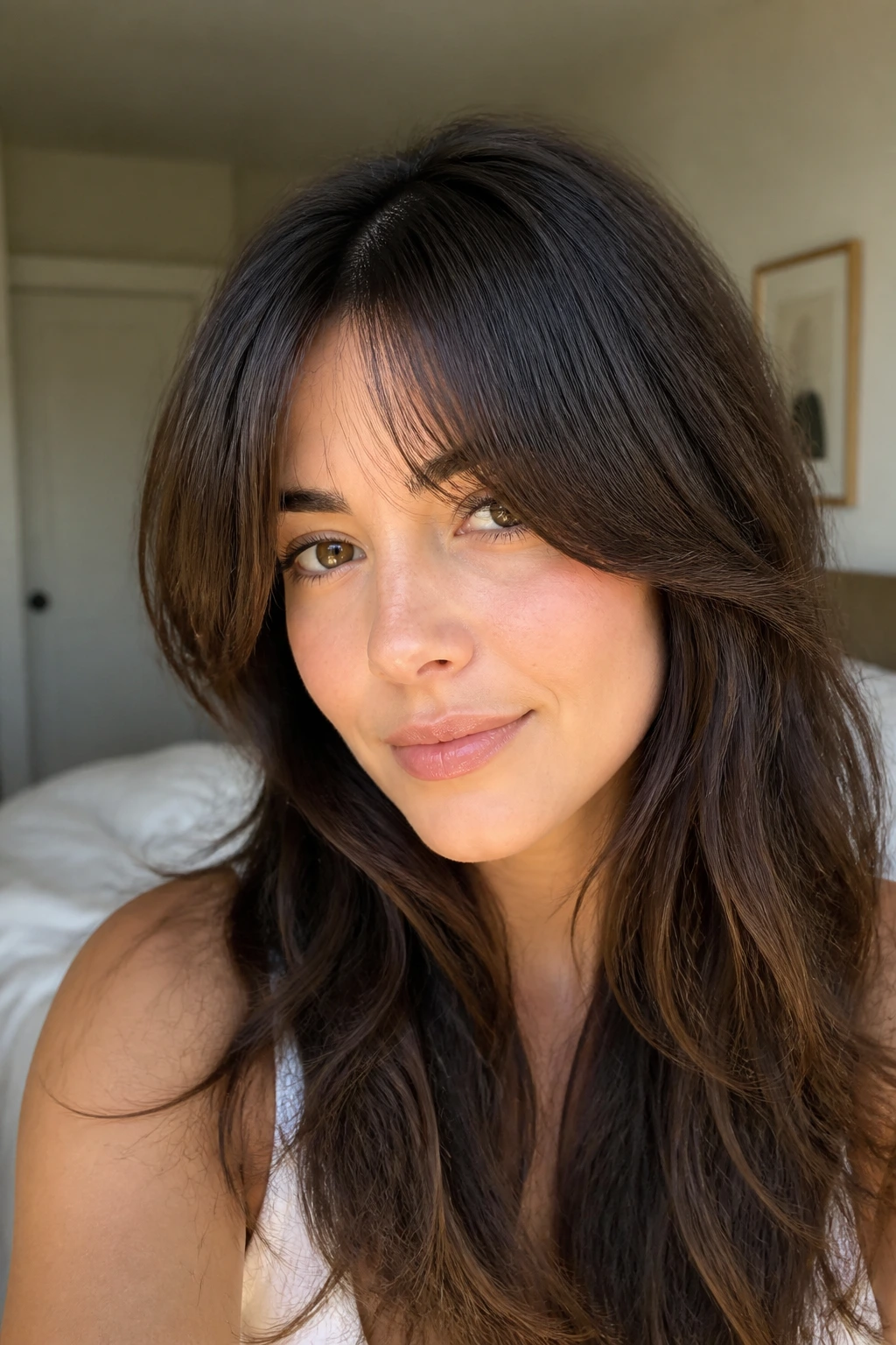 Close-up of a real woman wearing a soft split fringe with minimal gap.