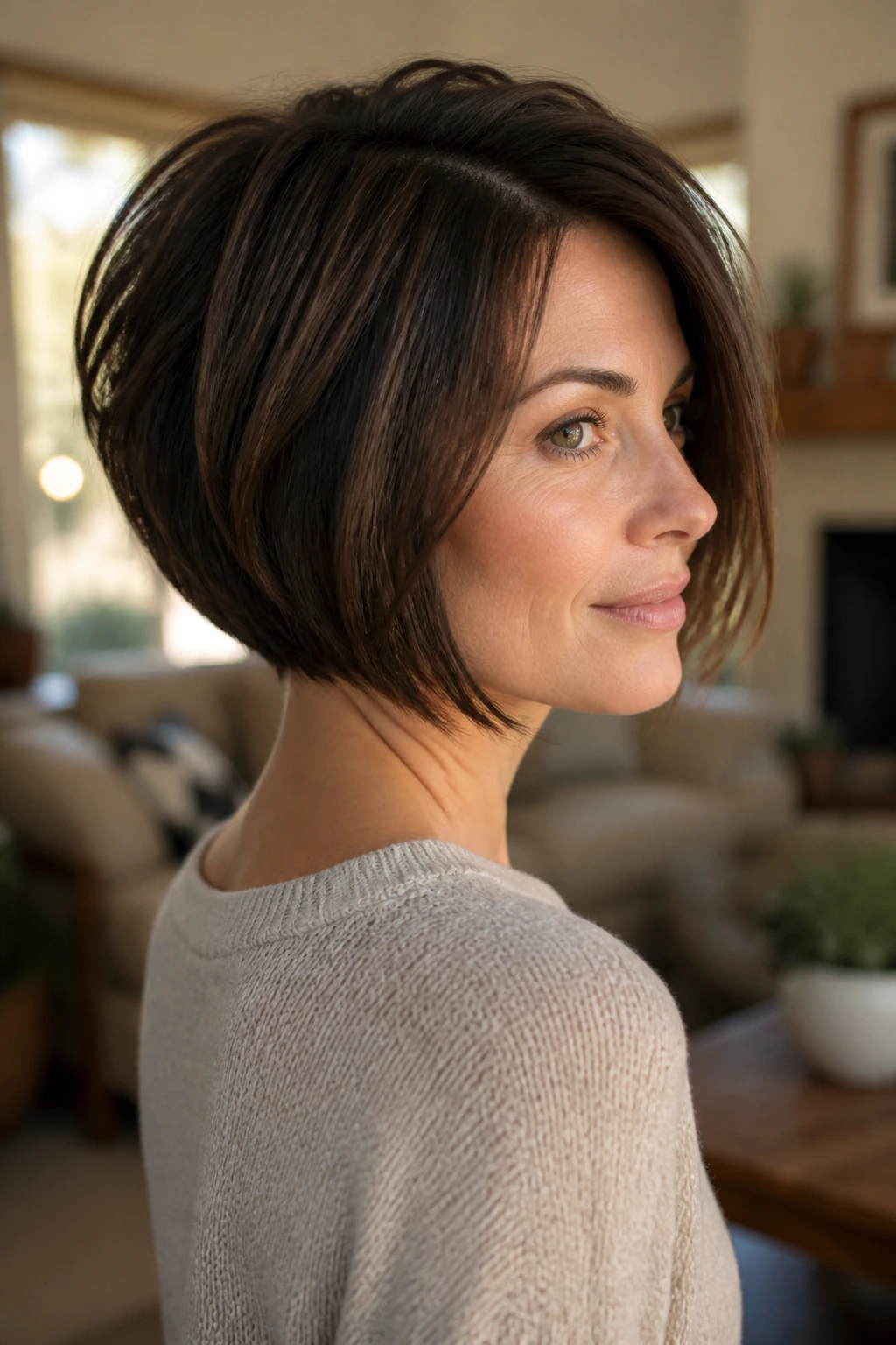 Close-up portrait of a real woman with a soft-stack inverted bob