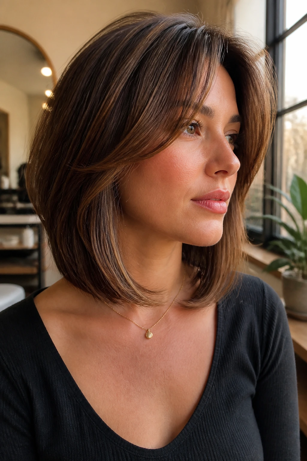 Close-up of a woman with soft stacked back and curtain bangs